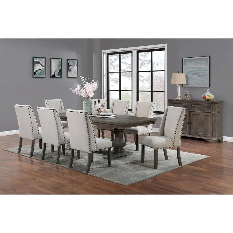Traditional 9-Piece Dining Set w/ Leaf, 8 Side Chairs, Pedestal Base, Oak Finish