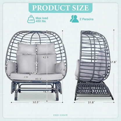 Double Egg Patio Chair  - 500lbs Capacity For 2 Person, Oversized Wicker Rocking/ Glider Chair