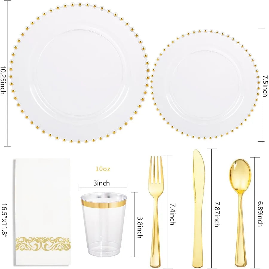 Elegant 350 Pcs Clear Plastic Gold Rim Dinnerware Set, Disposable