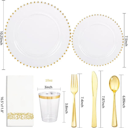 Elegant 350 Pcs Clear Plastic Gold Rim Dinnerware Set, Disposable