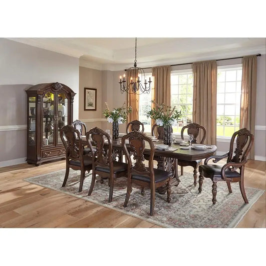 Luxurious 9-Piece Formal Dining Set, Dark Oak Finish, w/ Extension Leaf, 2 Armchairs & 6 Side Chairs