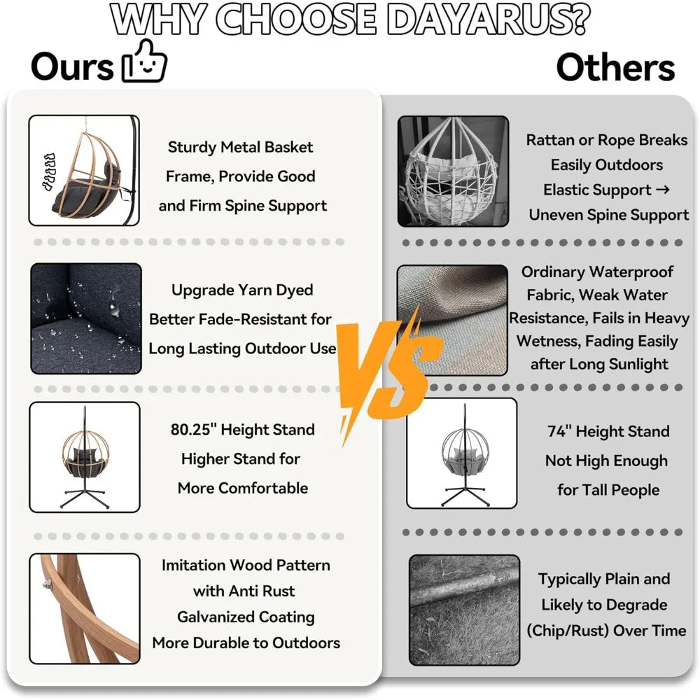 Hanging Egg Chair with Cushions, Heavy Duty, 400LBS with Stand