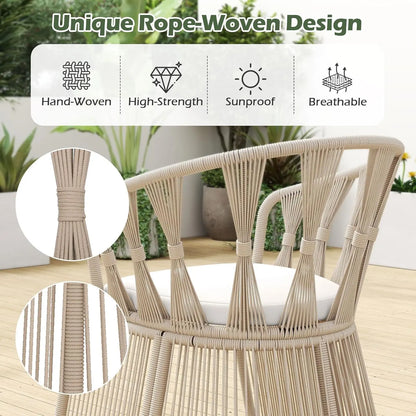 3 Piece Patio Rope-Woven Cushioned Armchairs & Table Set with Tempered Glass Tabletop