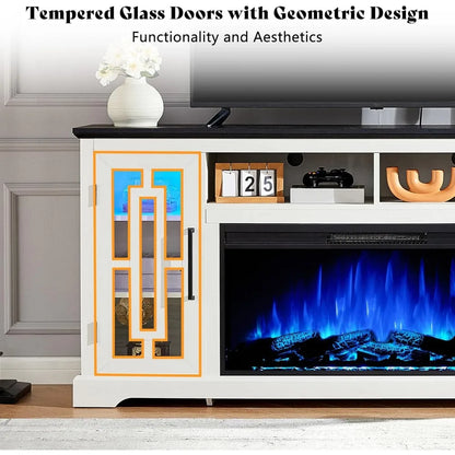 "70 Inch Electric Fireplace TV Stand with Cabinets and LED Lighting