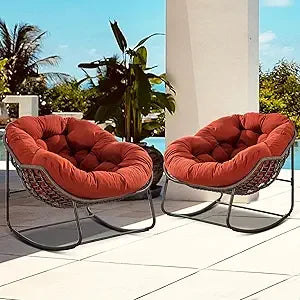 Set of 2 Papasan Rocking Chairs - Oversized, Comfy, Royal Rattan with Strip Velvet Cushions