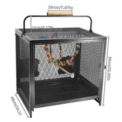 Wrought Iron Bird Play Area/ Carrier Cage with Handle, Wooden Perch & Bird Toys