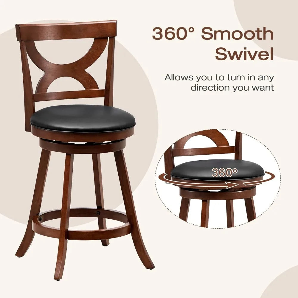 Wood Frame Swivel Upholstered Stools, Set of 4, Counter Height with Back & Footrest,