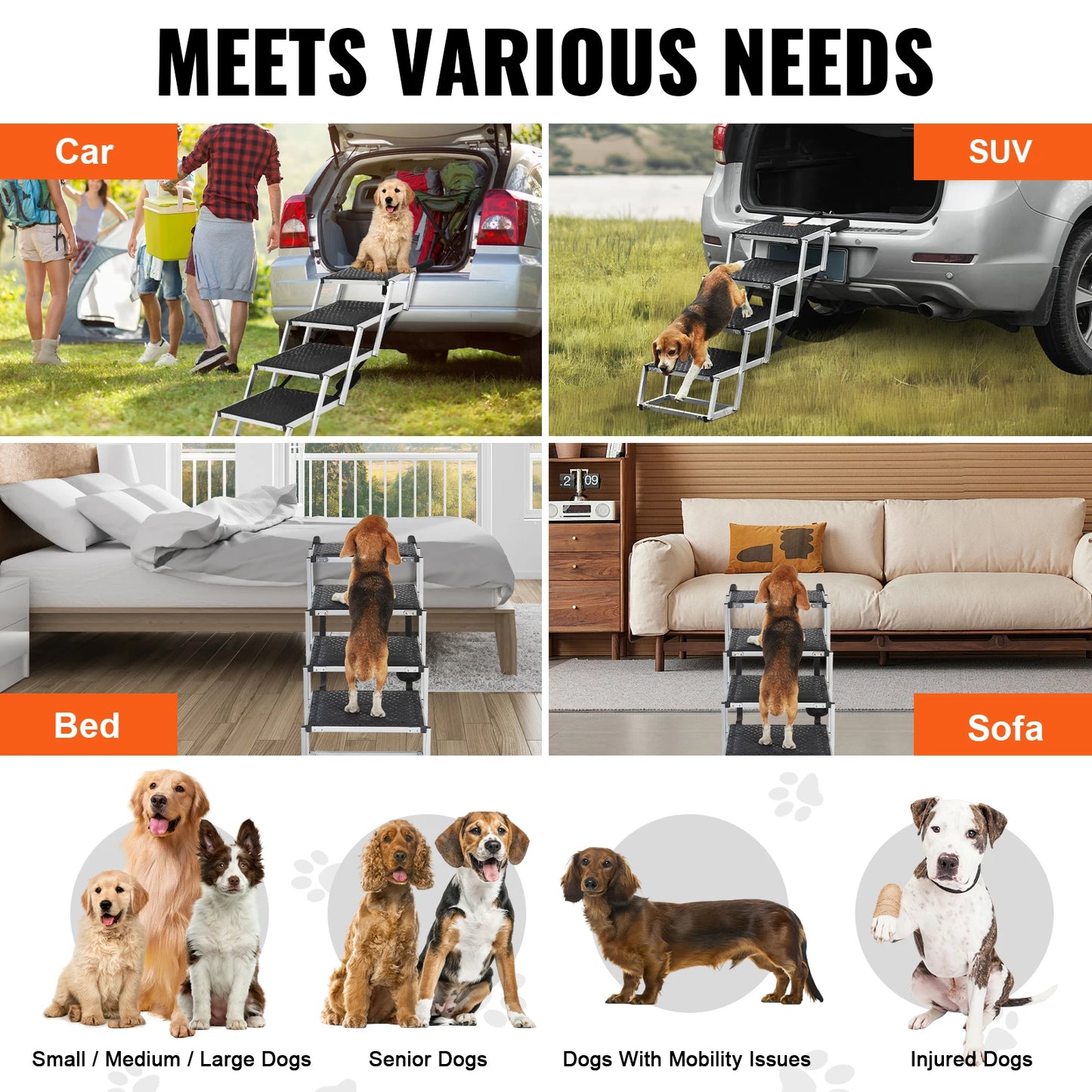 Pet Stairs with Wide Steps -  Folding, Portable, and Lightweight with anti-slip fabric - Capacity 150 lbs.