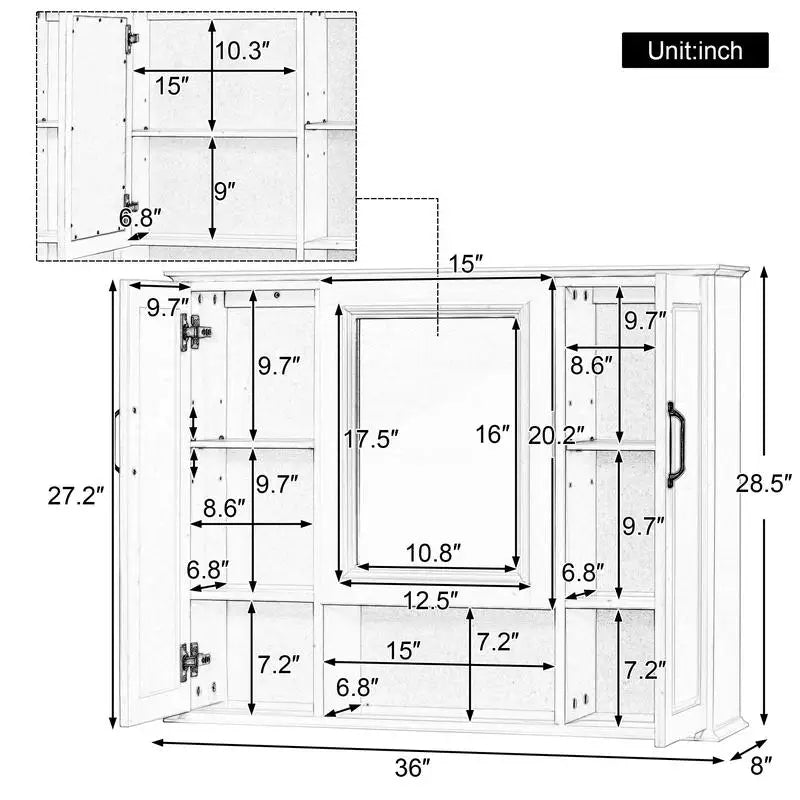 36" Wall Mounted Medicine Cabinet with Mirror, 3 Door Storage Cabinet