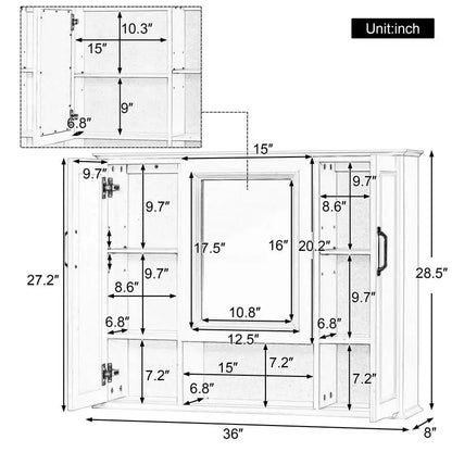 36" Wall Mounted Medicine Cabinet with Mirror, 3 Door Storage Cabinet