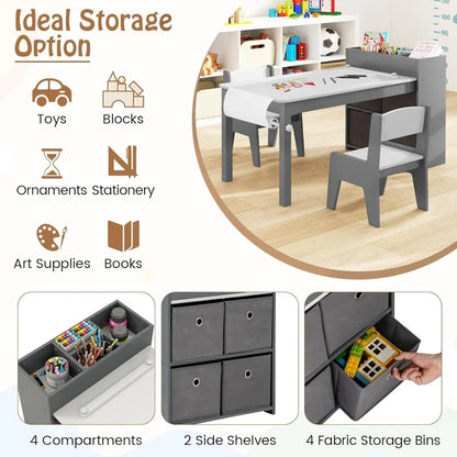 Kids Table and Chairs, 3 in 1Wooden Drawing Table with 2 Chairs