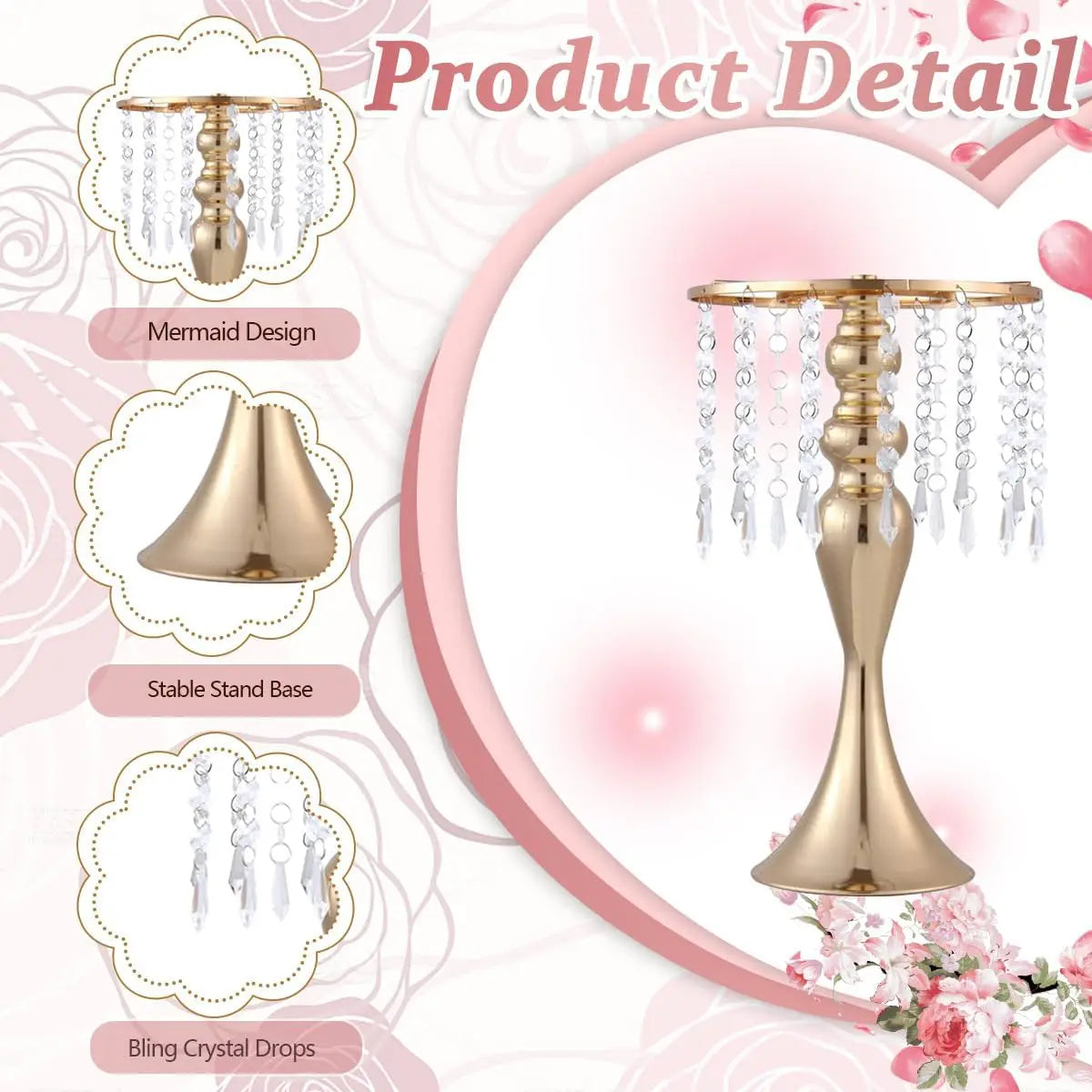 Set of 8, Centerpieces for Tables-Gold Vase Stand with Crystals