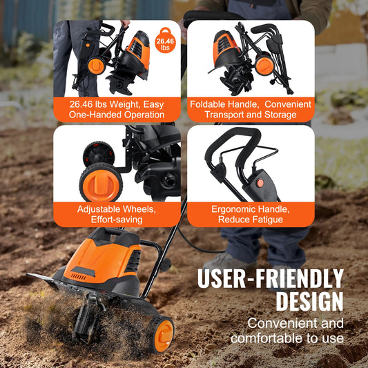 12 Amp Electric Tiller, 18" Tilling Width, 3.94" Tilling Depth, Corded