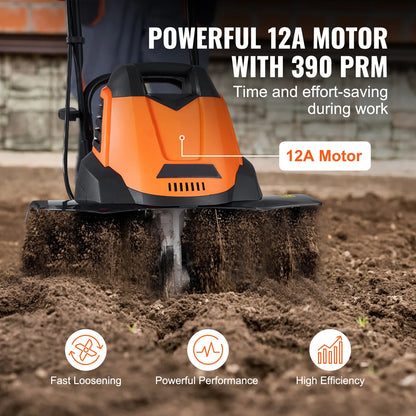 12 Amp Electric Tiller, 18" Tilling Width, 3.94" Tilling Depth, Corded