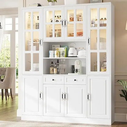 Freestanding Cabinet with Glass Doors, 78.7" H-63"W w/LED Lights, and Drawers