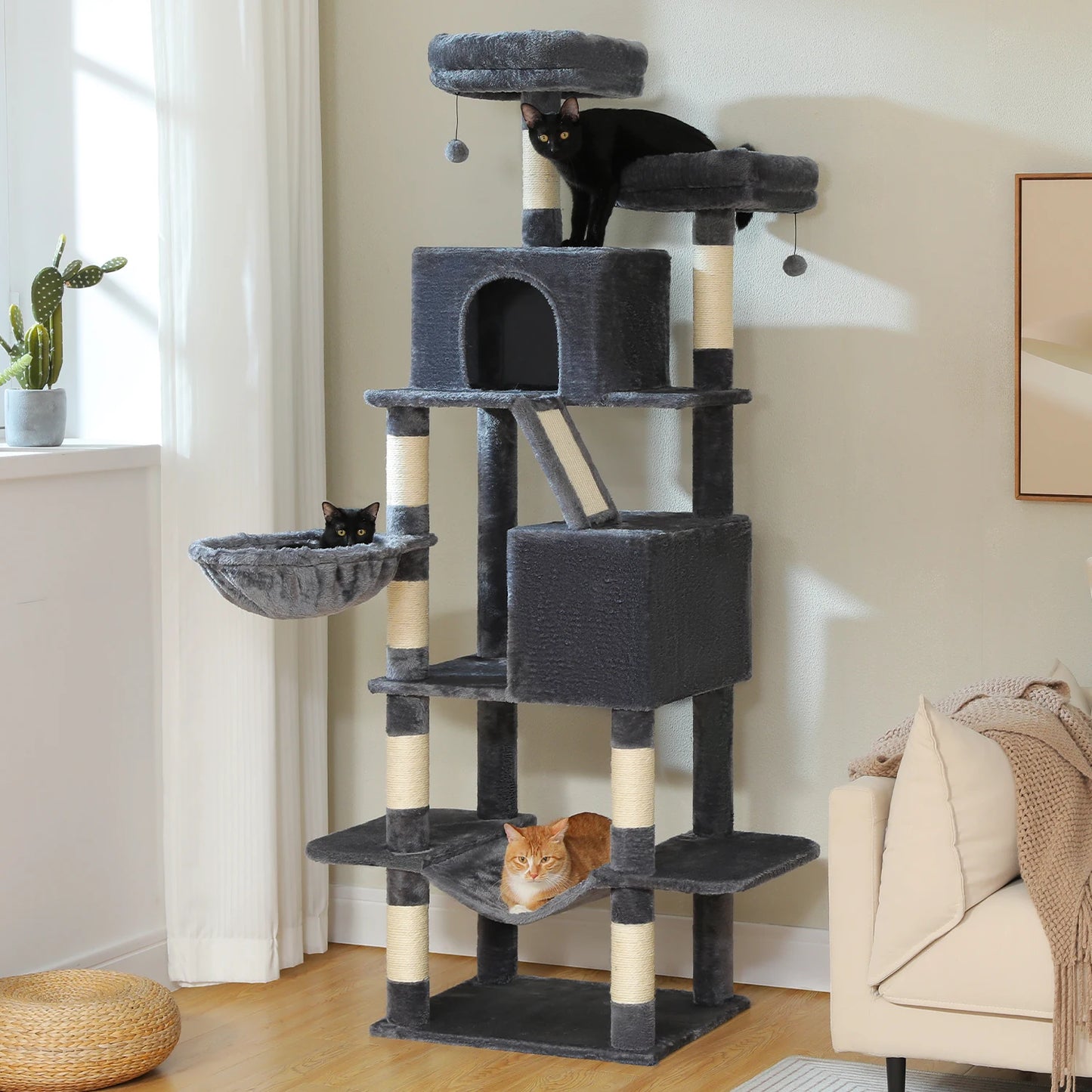 70.8" Multi-Level Cat Tower with 9 Scratching Areas, Plush Hammock and Perches