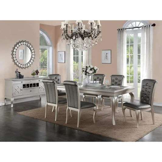 7pc Formal Glass Dining Table Set w/ Silver Hue & 6 Tufted Side Chairs