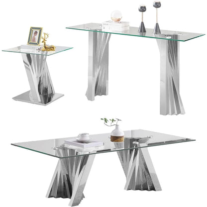 3 PC Modern Glass Table Set Includes Coffee Table, Console Table & End Table