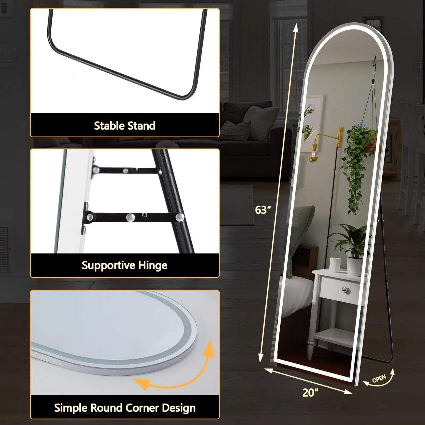 Full Length Mirror w/ 3 Color LED Lighting with an Aluminum Alloy Frame