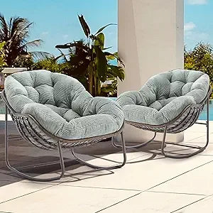 Set of 2 Papasan Rocking Chairs - Oversized, Comfy, Royal Rattan with Strip Velvet Cushions