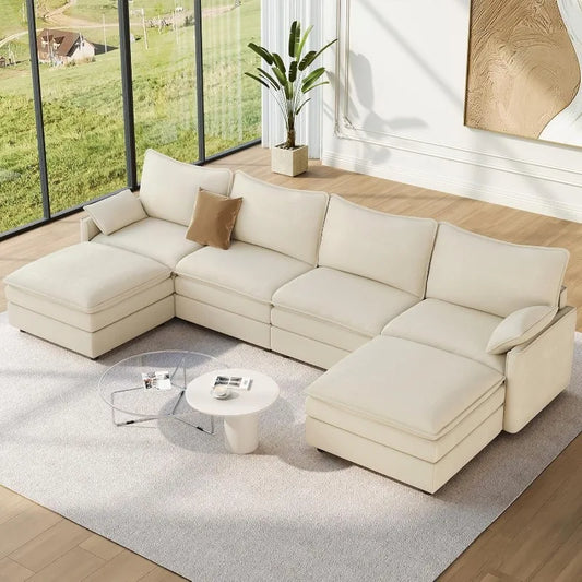 142" U Shaped Chenille Sectional Couch with 2 Ottomans - Deep Seating