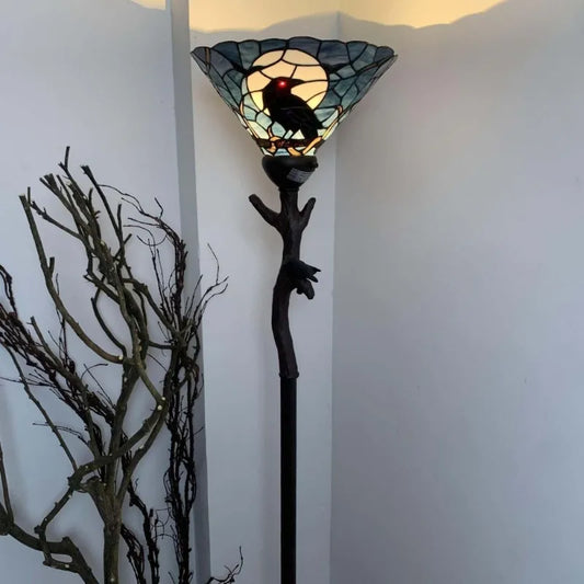 Raven on Bare Tree Branch Full Moon Night Tiffany Stained Glass Torchiere Floor Lamp Halloween Decor Dark Blue