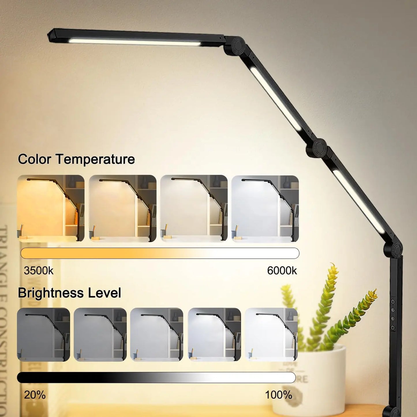 LED Desk Lamp with Clamp, Flexible 4 sections Swing Arm - Three light sources with 4 Color Modes & 5 Brightness Levels
