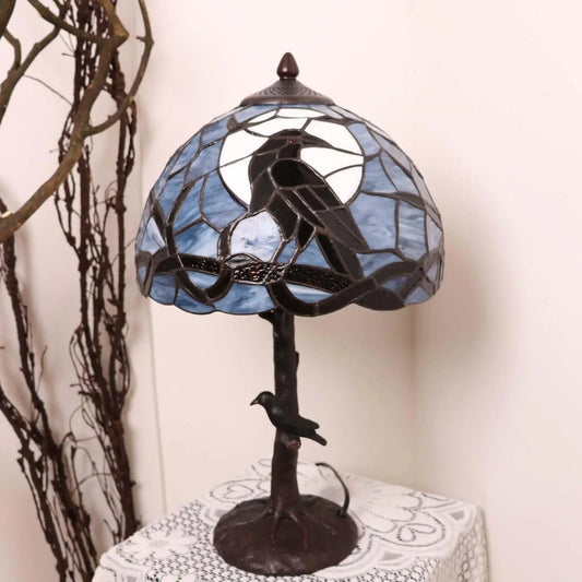Raven on Tree Branch in the Moonlight, Tiffany Stained Glass Table Lamp