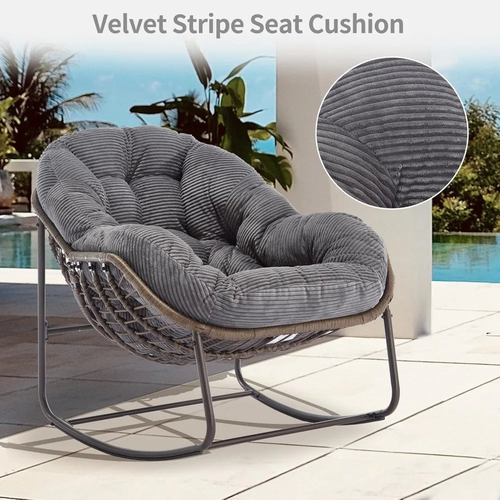 Set of 2 Papasan Rocking Chairs - Oversized, Comfy, Royal Rattan with Strip Velvet Cushions