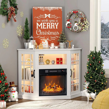 Corner Electric Fireplace TV Stand up to 55 inch TVs w/ Glass Doors