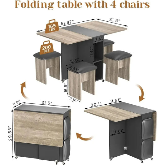 4-person Folding Dining Table Set with 4 Leather Chairs and Shelves