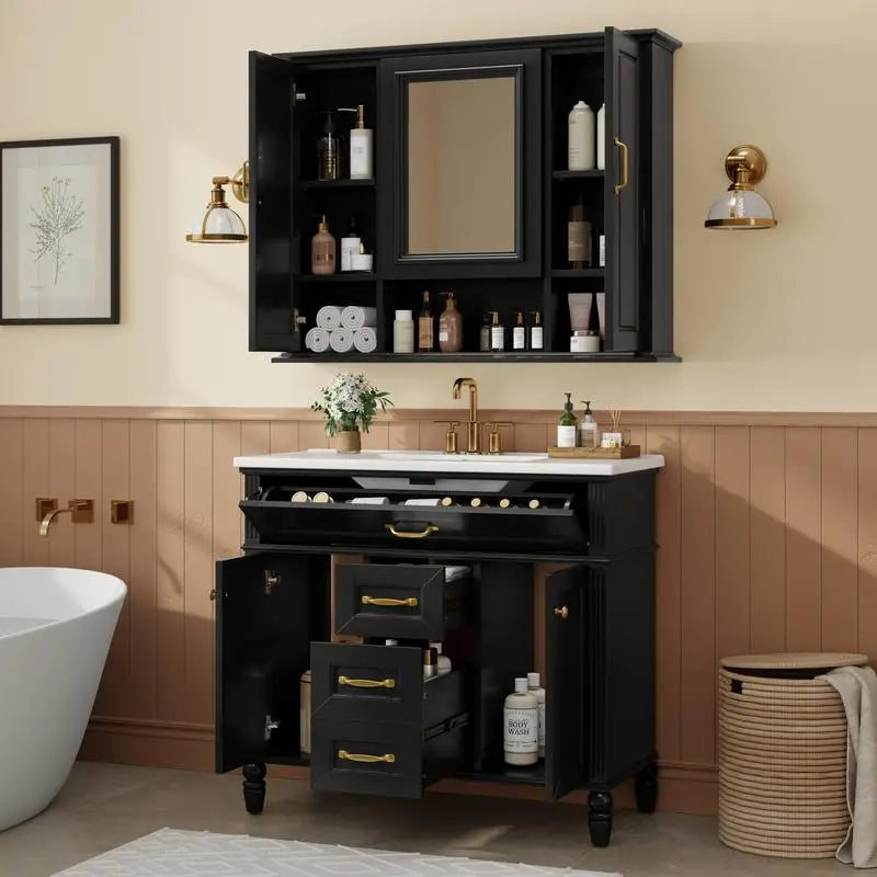 36" Wall Mounted Medicine Cabinet with Mirror, 3 Door Storage Cabinet