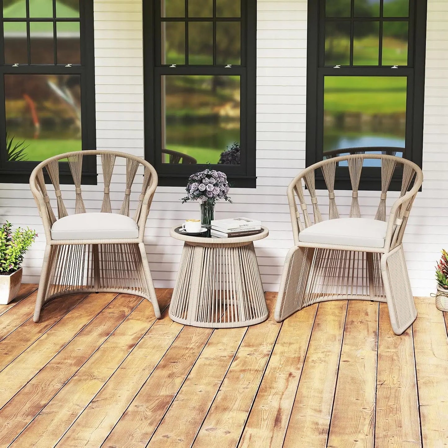 3 Piece Patio Rope-Woven Cushioned Armchairs & Table Set with Tempered Glass Tabletop