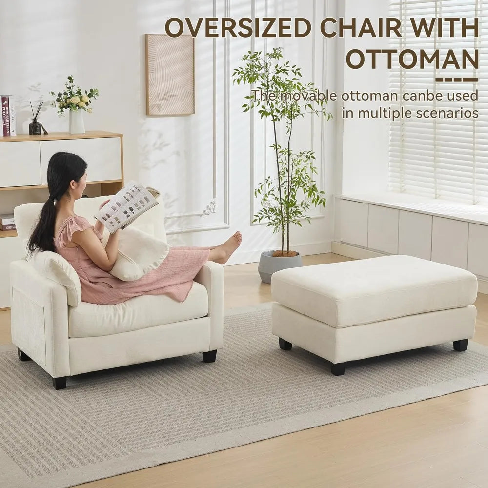 Large Chenille Upholstered Chaise Lounge with Ottoman and Sofa Bed