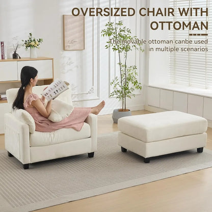 Large Chenille Upholstered Chaise Lounge with Ottoman and Sofa Bed