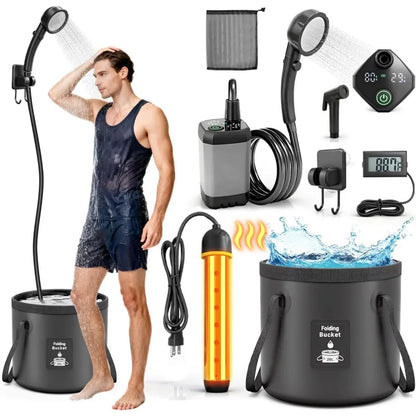 Portable Shower with Heater 1500W with Shower Head, 3 Spray Modes, Rechargeable Pump