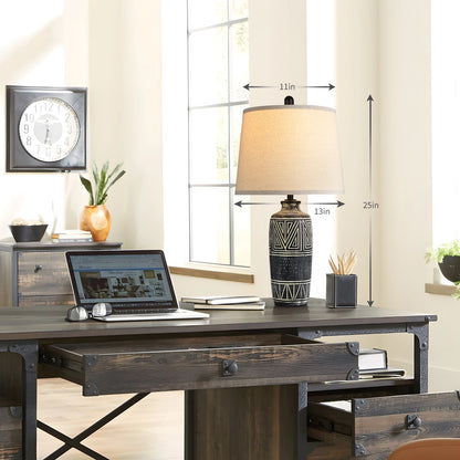 Set of 2 25-Inch Carved Geometric Ceramic Table Lamp With Linen Shade