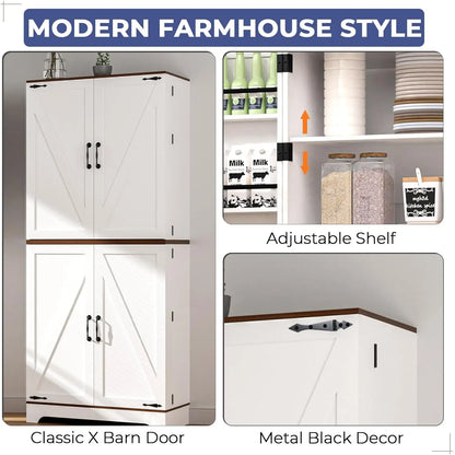 75" Kitchen Pantry Cabinet, Rustic Wood with Adjustable Shelves & Barn Style Door