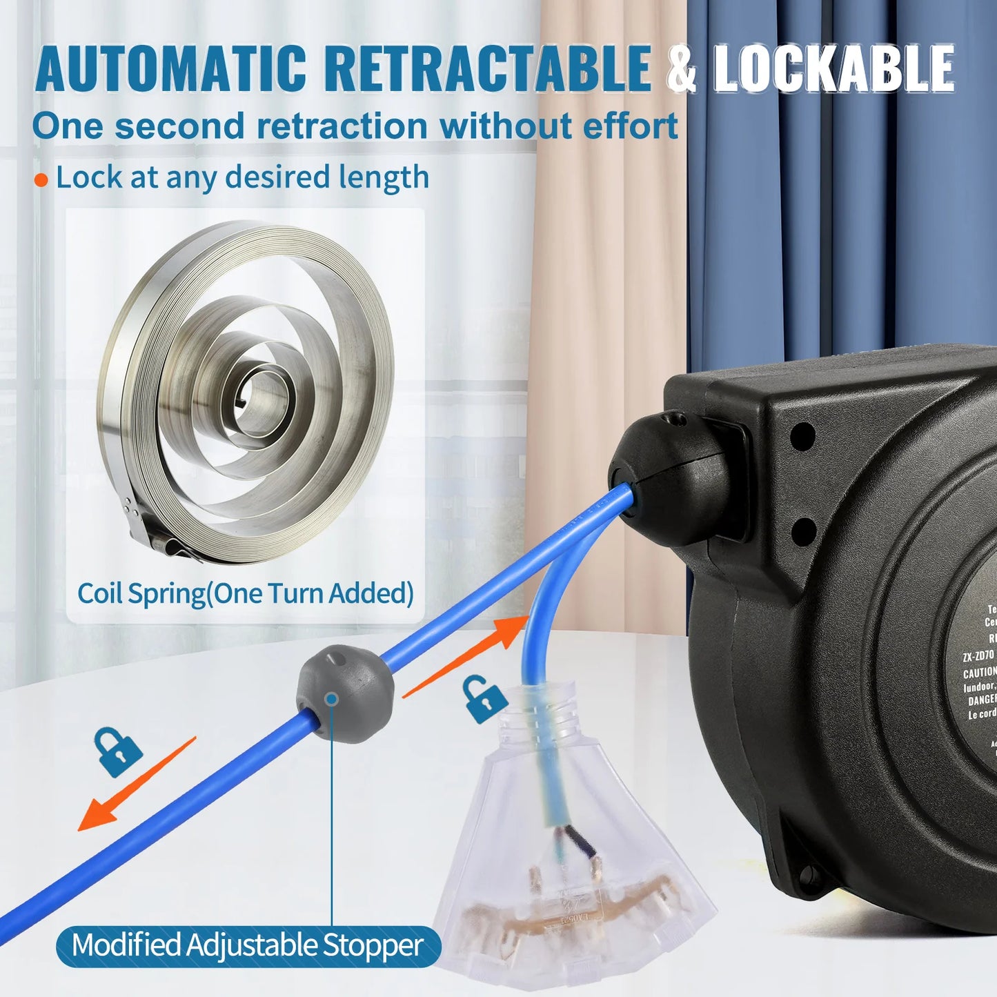 Retractable Extension Cord Reel, 30FT, Lighted Triple Tap Outlet, with  4.5FT Lead-in Cord