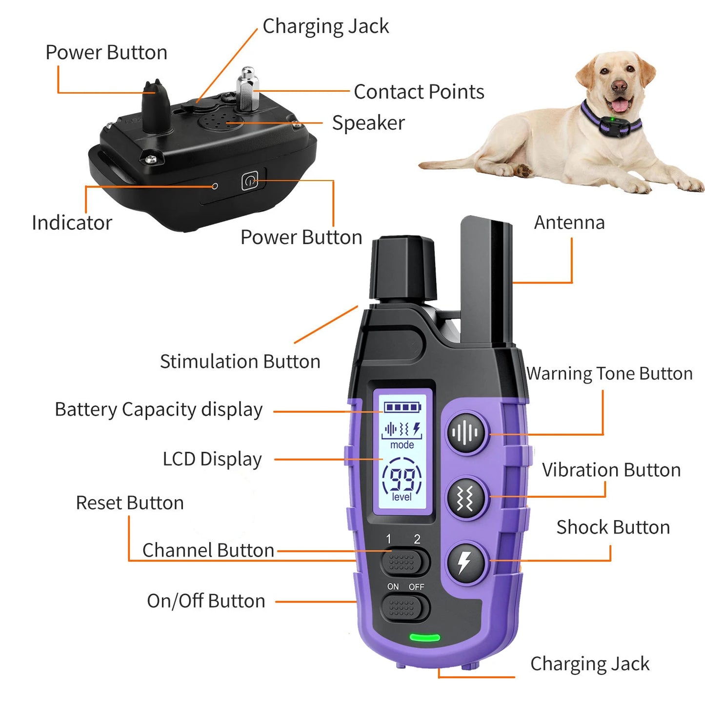 Electric Dog Training Collar- Remote Control-Waterproof With Vibration Shock Beep Modes and Levels