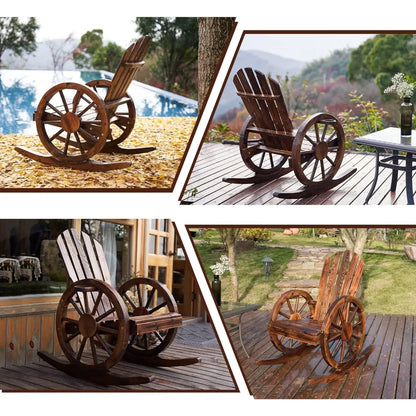 Set of 2, Wooden Rocking Chairs with Wagon Wheel Armrest and Small Table