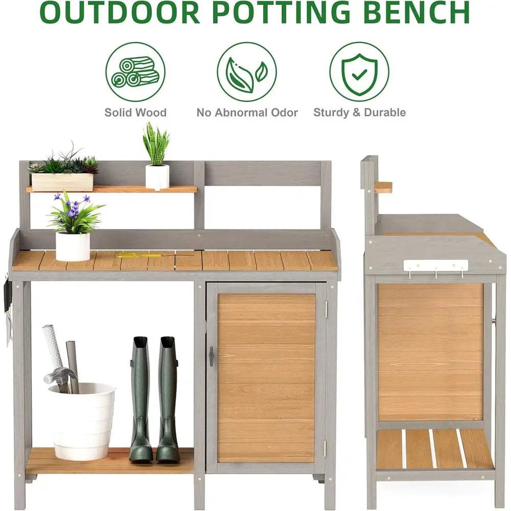 Wooden Potting Work Bench with Dry Sink, Cabinet, and Storage Shelves