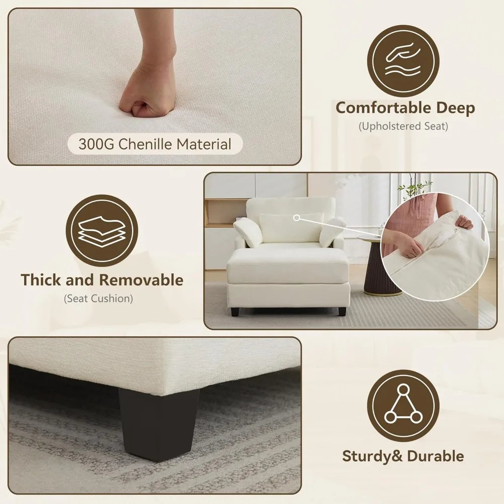 Large Chenille Upholstered Chaise Lounge with Ottoman and Sofa Bed