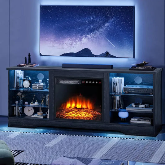 Modern Wooden 58" TV Stand Console with 18 Built-in Electric Fireplace for 65 TVs, Remote Included