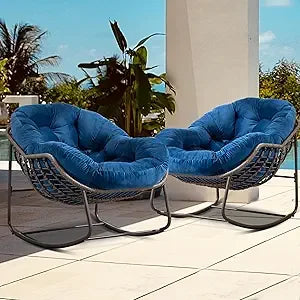 Set of 2 Papasan Rocking Chairs - Oversized, Comfy, Royal Rattan with Strip Velvet Cushions
