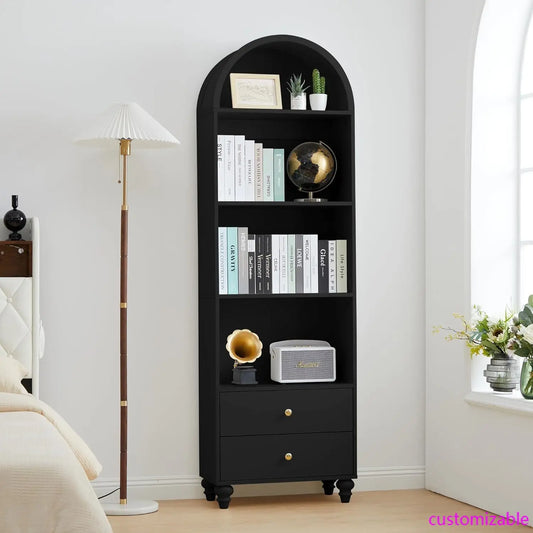 75.59" Tall Bookcase, 4 Tier Arched Bookshelf with 2 Drawers
