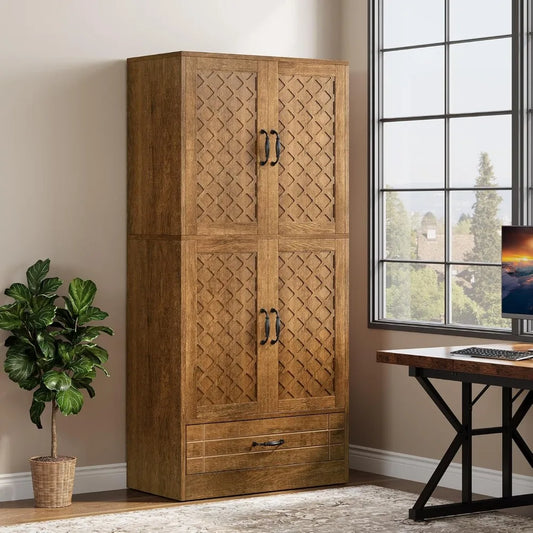 70 Inches Wooden Tall Storage Cabinet with Doors and Drawer