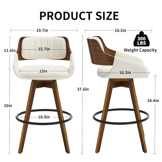 Modern Walnut and Faux Leather Swivel Bar Stools, Set of 2, 26" Counter Height with Back and Armrests, Customized