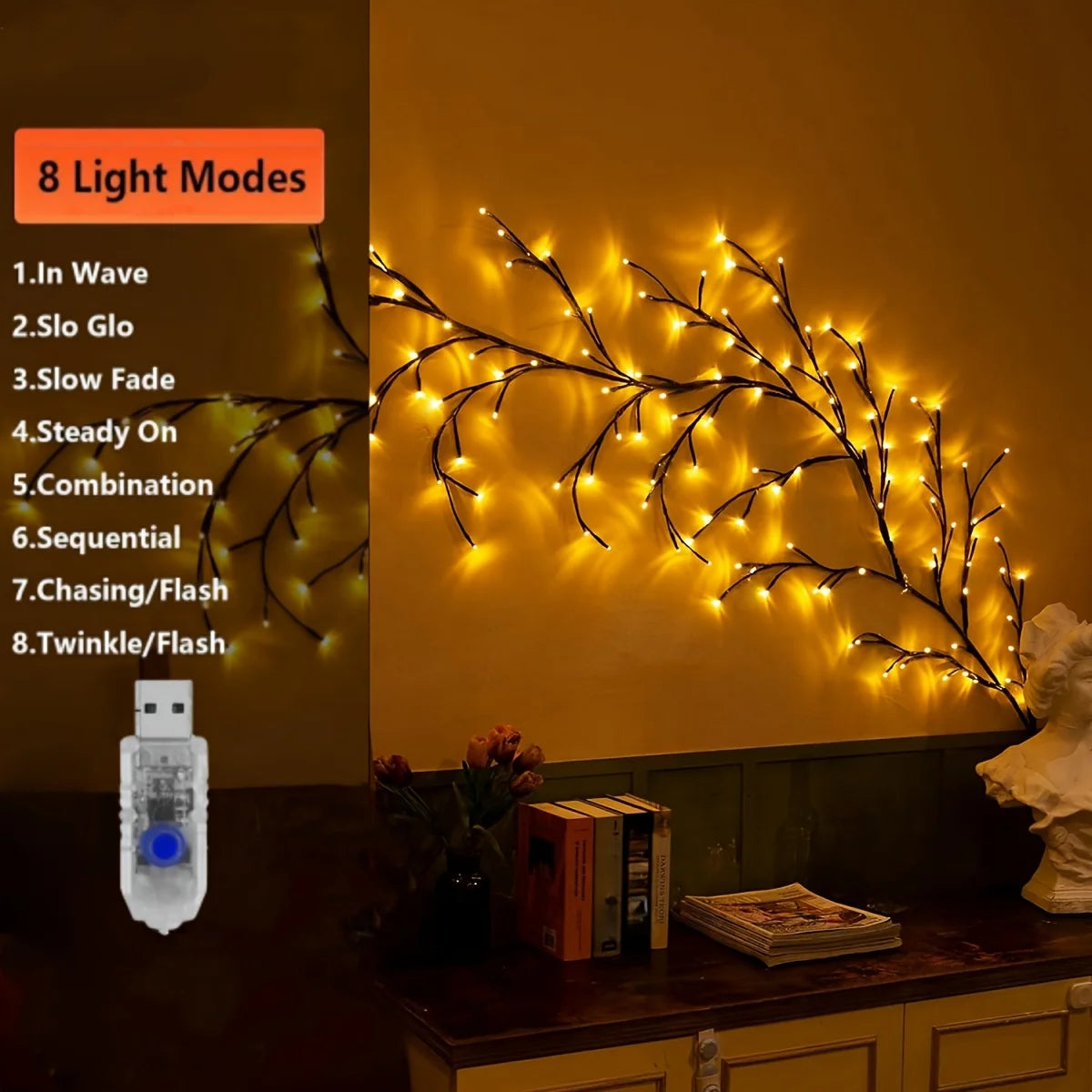 Willow Vine Fairy Lamp - Bendable 1.8m /5.9 Feet Branch USB Powered w/96 Warm White Led Lights, 8 Modes