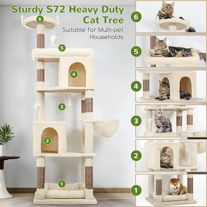 Heavy Duty 72" Cat Tree Tower, Comfortably Cushioned, Sturdy and Stable with Pet Bed